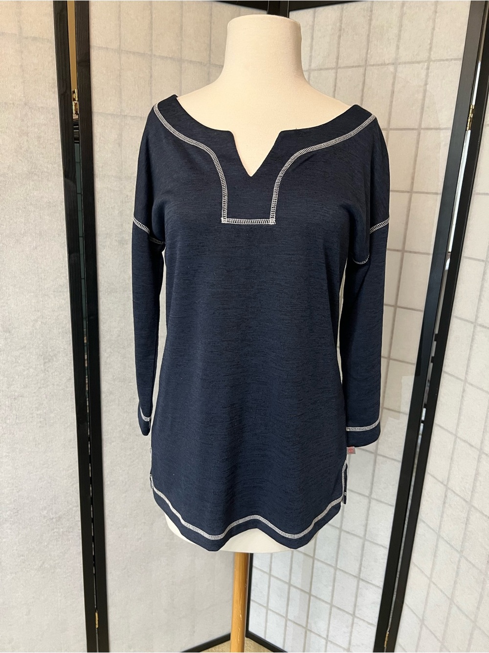 Talbots Navy Tunic Top with Contrast Stitching